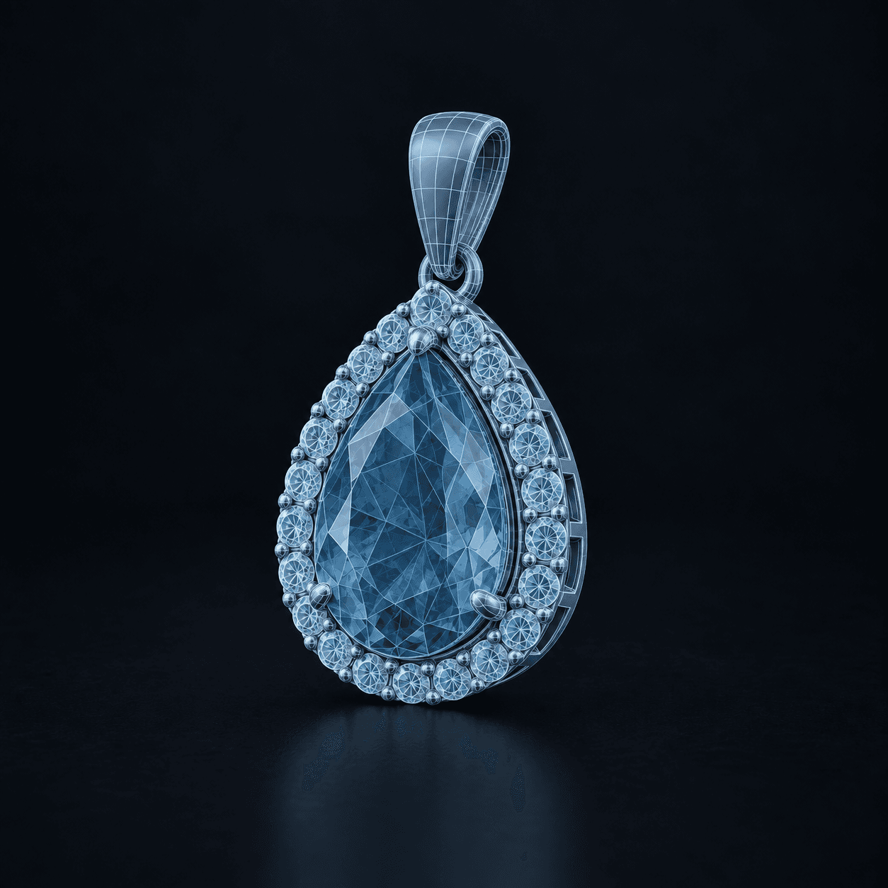 Emerald halo pendant, CAD-style illustration